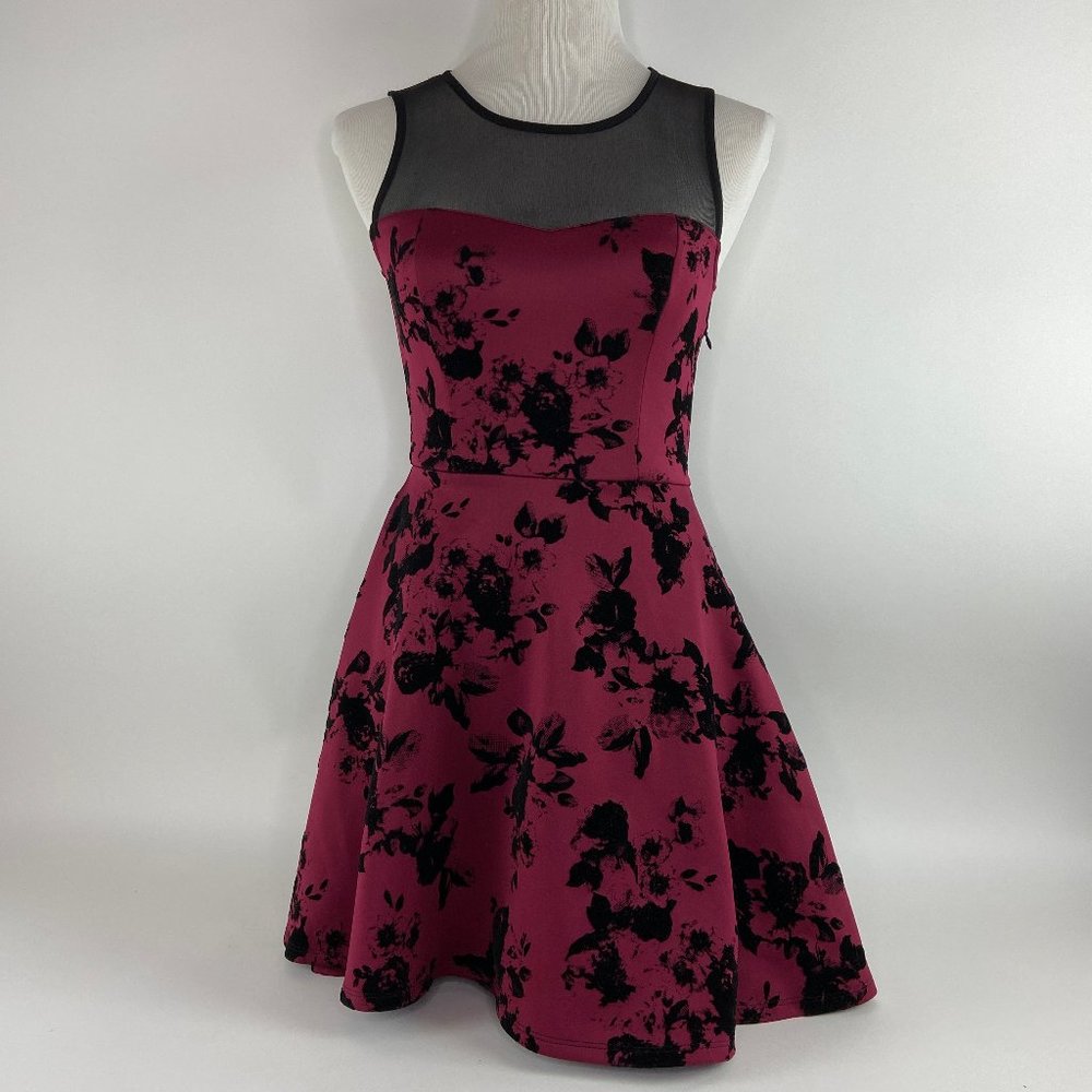 Black and Wine Fit and Flare Velvet Flowers Dress